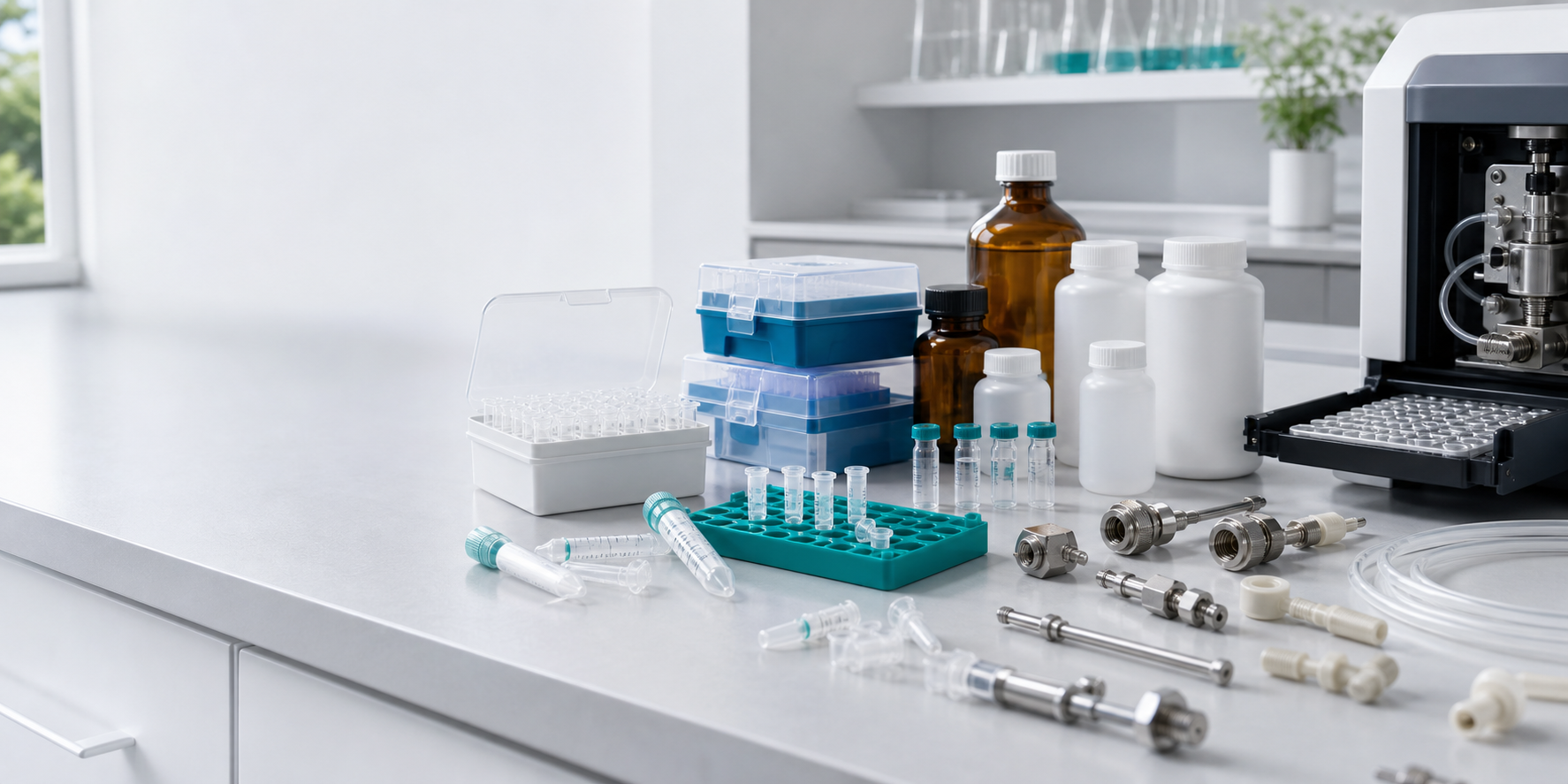 Laboratory consumables and instrument accessories arranged on a clean lab bench